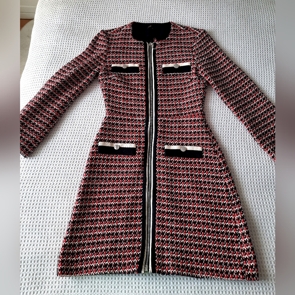 Maje Red Black White Tweed Zip-Front Dress - Picture 4 of 12
